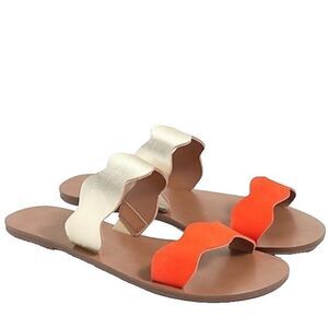 J Crew Womens Scalloped Leather Strap Slide Sandals Gold Orange Size 11